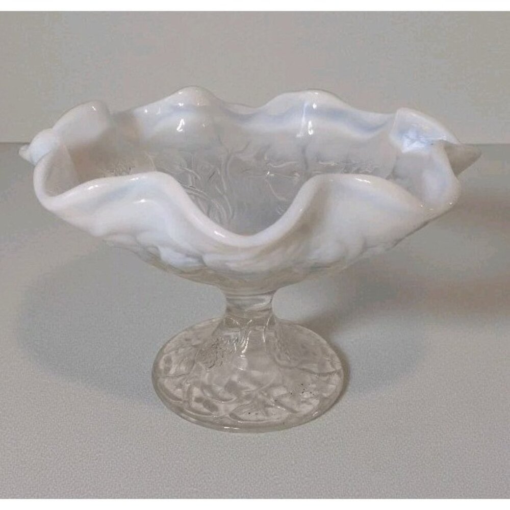 Fenton Glass Water Lilly Opalescent Pedestal Compote Dish Vintage Ruffle Floral